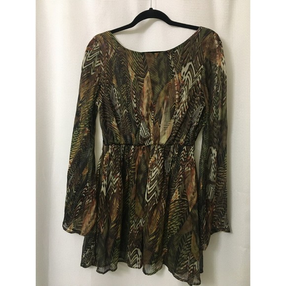 Agaci Womens Tunic Top Mini Dress Medium Bell Slv Chiffon Lined Green Brown D4 - Picture 8 of 8
